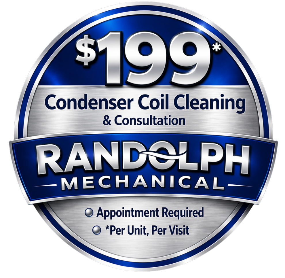 Randolph Mechanical $199 condenser coil cleaning service badge with improved cooling efficiency and airflow inspection in New Jersey HVAC service