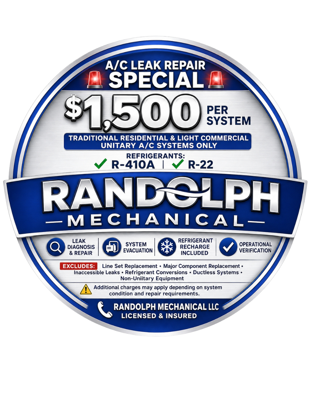 HVAC promotional badge for Randolph Mechanical featuring “A/C Leak Repair Special” with bold metallic lettering, $1,500 per system pricing, qualifying refrigerants R-410A and R-22, included leak repair and recharge services, and licensed & insured branding on a black background.