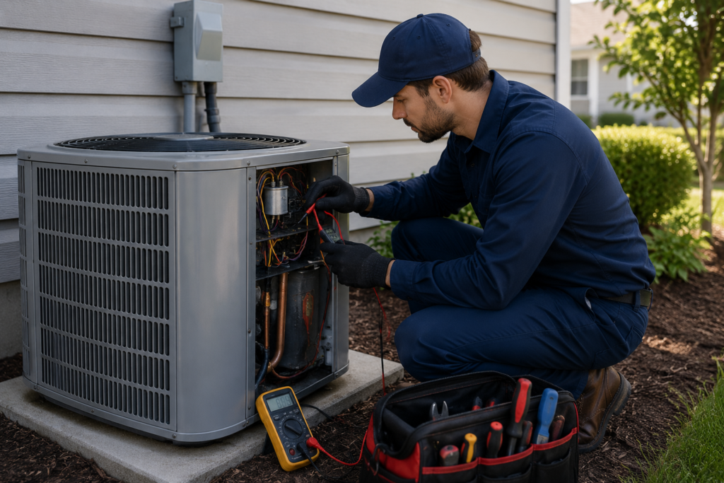 HVAC technician repairing an outdoor central air conditioning condenser unit at a residential home.